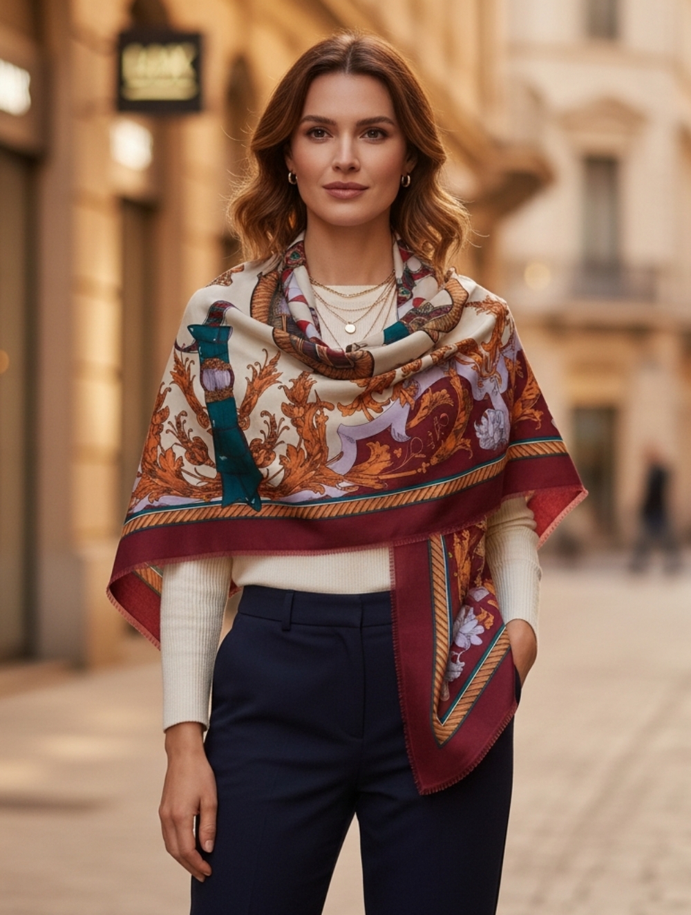 Silk-Feel Women's Printed Square Wrap Scarf - Burgundy, Lavender, Cream